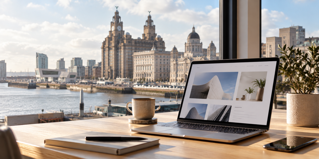 Bespoke web design in Liverpool: modern website displayed on a laptop overlooking the Liverpool waterfront.