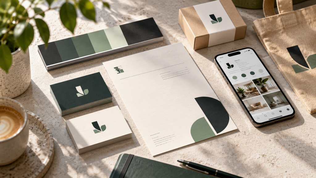 Affordable branding packages featuring logo design, business cards, packaging and digital brand identity in green and neutral colours.