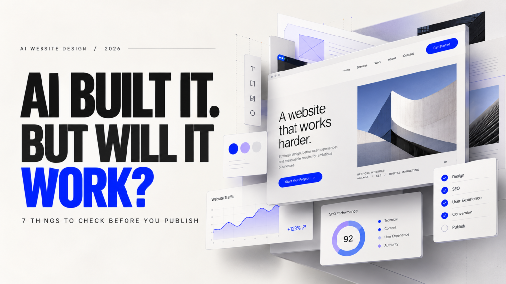 AI website builder showing a modern website design with SEO, user experience and conversion checks.